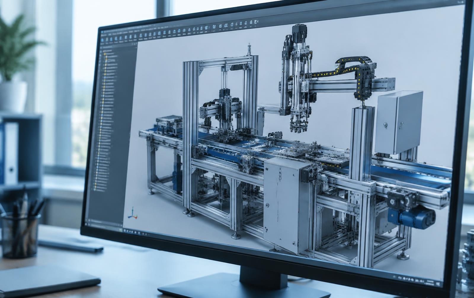 3D CAD model of an automated special purpose machine on an engineer's monitor